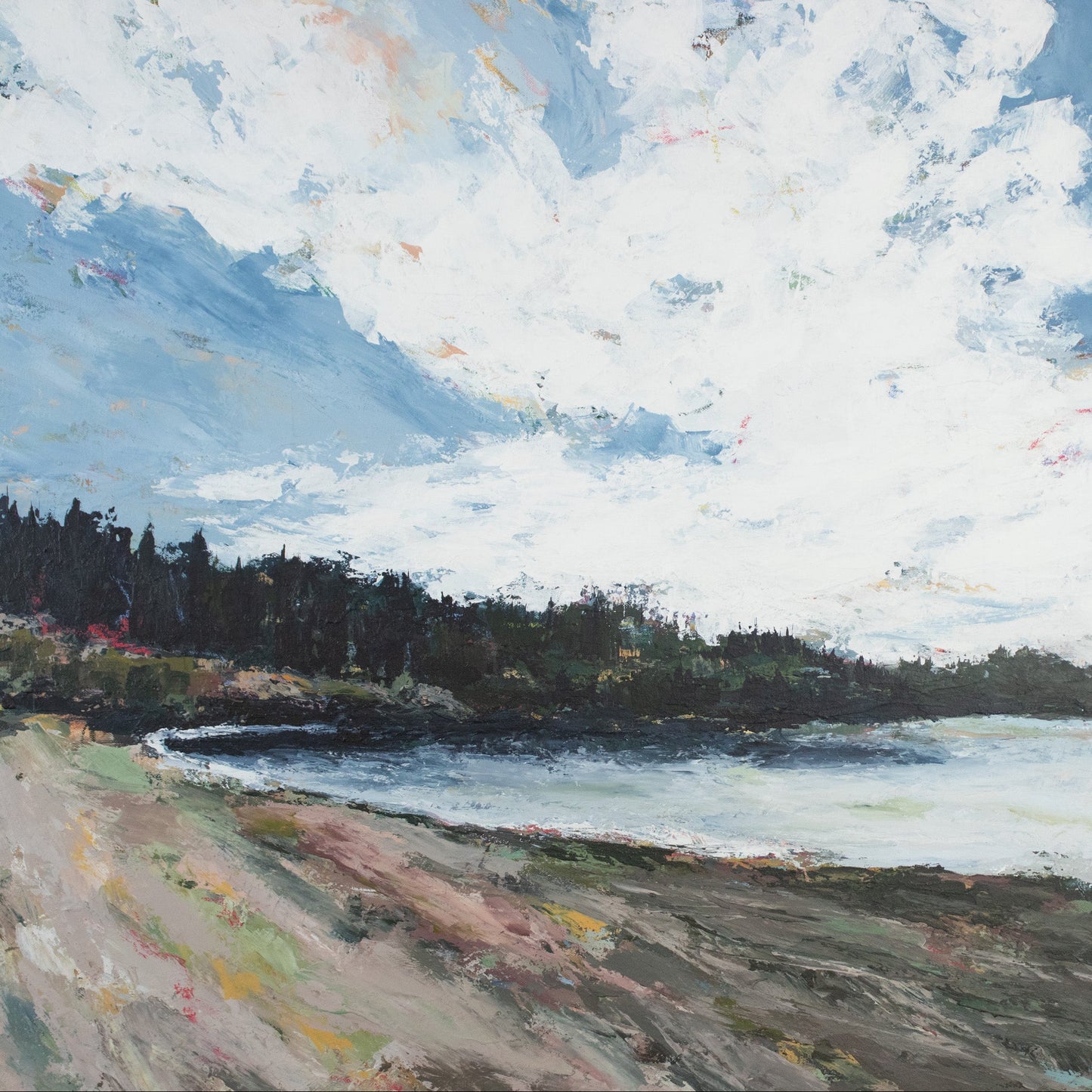 Painting of a coastal landscape with trees, water, and a blue sky with clouds.