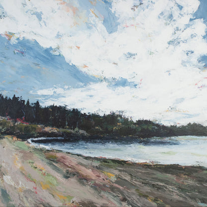 Painting of a coastal landscape with trees, water, and a blue sky with clouds.